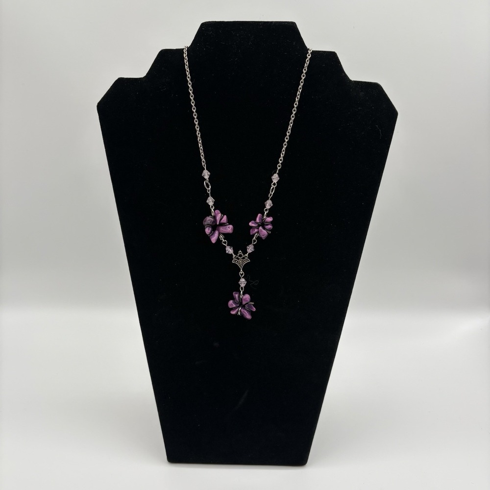 Purple Flower Y Drop Necklace‎ Silver Tone Chain Beaded Pendant Fashion Jewelry